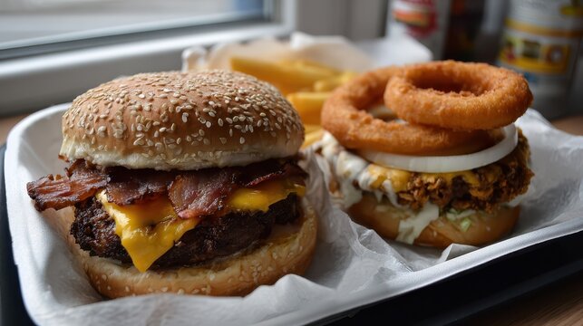 Juicy burger with sesame seed bun, bacon, melted cheese, and crispy onion rings on a tray next to a fried chicken sandwich with onion ring, surrounded by crispy fries