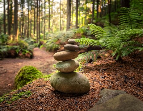 stone stack balance along forest path earth tones soft light quiet rocks ferns
