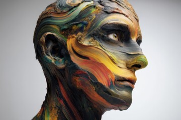 A sculpture of a human head with swirling, multicolored paint layers creating an abstract, textured appearance. The colors are vibrant, blending smoothly and creating a dynamic visual effect