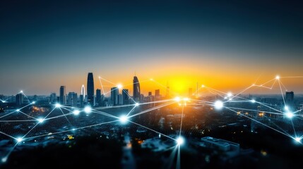 Obraz premium Urban sunset technology connection cityscape digital landscape evening aerial view future connectivity and innovation