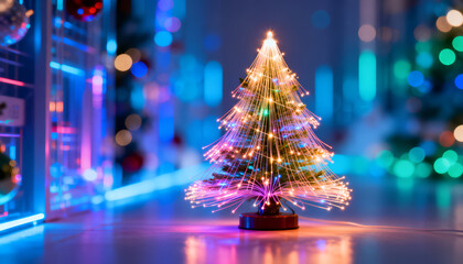 Christmas tree made of glowing fiber-optic strands. Hi-tech festive design.