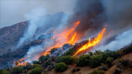 Intense wildfire devours forested hillside with thick smoke and fierce flames