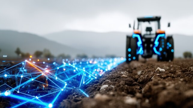 Revolutionary farming techniques smart tractors in action agricultural field technology showcase rural landscape elevated view innovation in agriculture