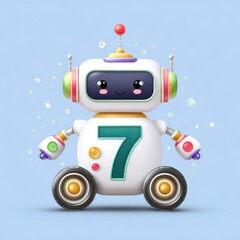 Cute cartoon robot with number seven and colorful design on blue background