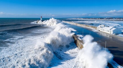 Powerful ocean waves crash against snowy coastline with lighthouse and blue sky