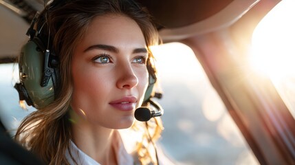 Young caucasian female pilot in cockpit with headset during flight