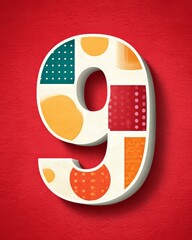 Colorful abstract number nine design on red background with geometric patterns