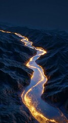 Illuminated winding river at night in mountainous landscape