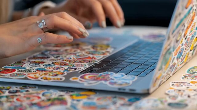 Closeup of hands applying vibrant diecut stickers onto a laptop showcasing intricate personalized adhesive designs in a creative workspace.