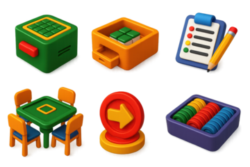 Set of six colorful plastic toys, including a table, chairs