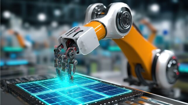 Automated robotics arm assembling products in a high-tech manufacturing facility industrial environment close-up view innovation in technology