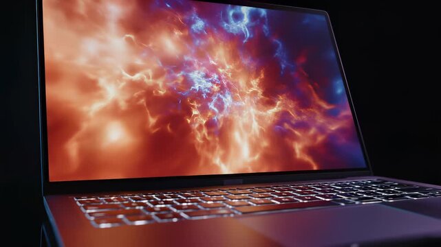 High tech laptop computer isolated on red and blue background, conveying cutting edge innovation and focus through sleek design and vibrant colors, perfect for use in technology related projects.