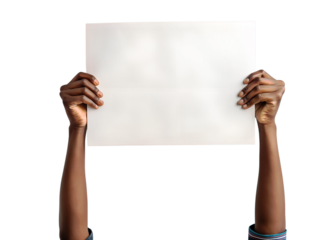 African American hands holding a blank white sign isolated on white background for advertising and announcements