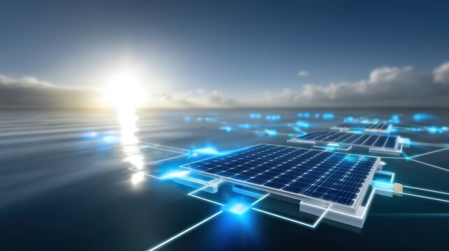 Innovative solar technology deployment on ocean surface marine renewable energy futuristic environment aerial perspective sustainability concept
