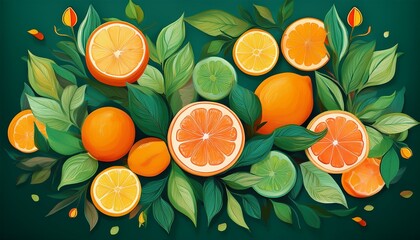 a vibrant and artistic design featuring citrus fruits and green leaves perfect for textiles and prints