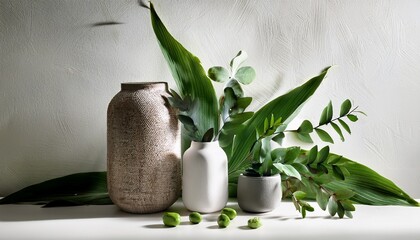 verdant still life composition with pods and foliage against textured white backdrop