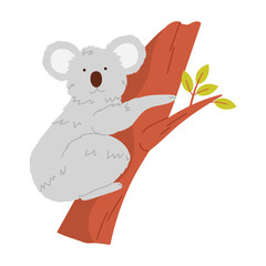 Adorable isolated koala perched on a tree branch with leaves vector illustration