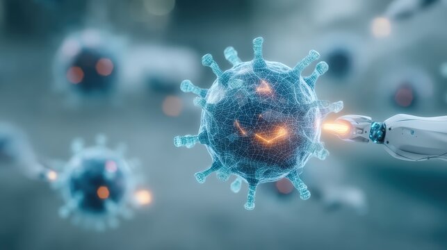 Exploring robotic interventions in virus detection laboratory digital art futuristic close-up science and technology innovations