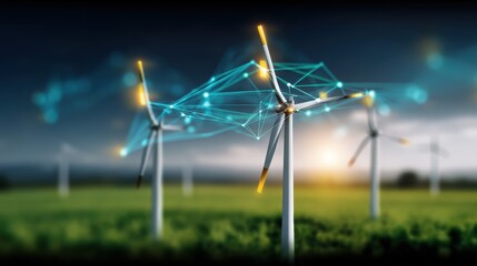 Harnessing renewable energy wind turbines in a green landscape digital art evening glow technology concept