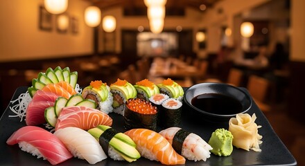 A delicious sushi platter featuring a variety of fresh nigiri, sashimi, and rolls, served with soy sauce, wasabi, and ginger in a restaurant setting