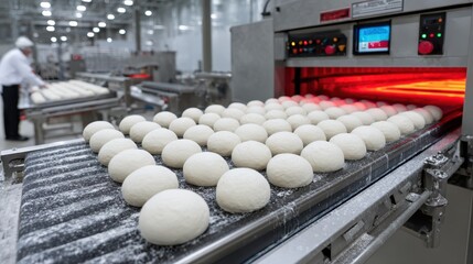 Rows of dough balls on a conveyor belt in an industrial bakery setting, moving toward a machine with a glowing red interior. Background features stainless steel equipment
