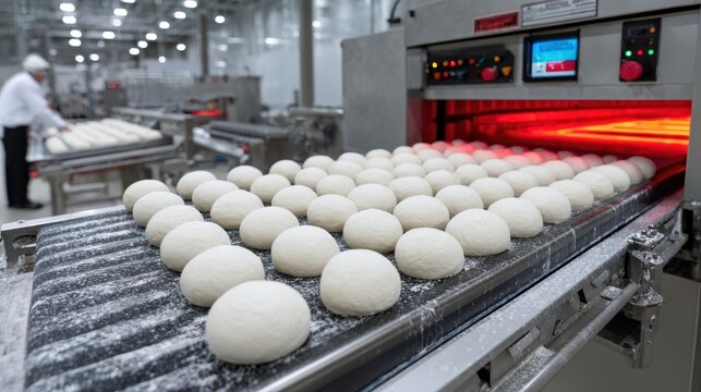 Rows of dough balls on a conveyor belt in an industrial bakery setting, moving toward a machine with a glowing red interior. Background features stainless steel equipment