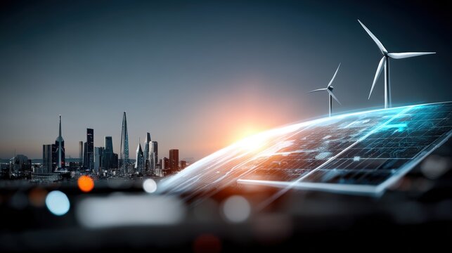 Renewable energy revolution wind turbines and solar panels illuminate city skyline at sunrise future of sustainable technology urban environment