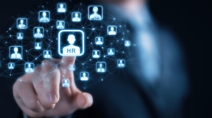 Human Resource Management Technology HR Manager Reviewing Digital CV Network Structure Online Recruitment System Selecting Perfect Employee Candidate for Company