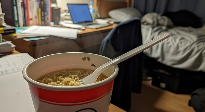 A cup of instant ramen sits on a desk, illuminated by a lamp, with a laptop and books in the background, creating a cozy and busy atmosphere