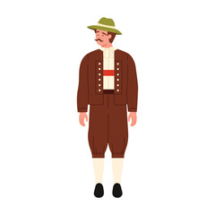 Austrian man wearing traditional folk costume with hat and mustache, isolated on white vector illustration