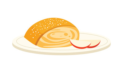 Traditional Austrian apple strudel dessert with apple slices on a white isolated background vector illustration