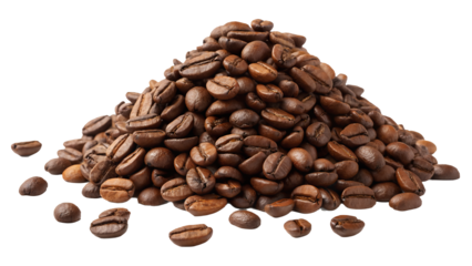Pile of roasted coffee beans a close-up shot on a white background perfect for illustrating coffee culture and product promotion