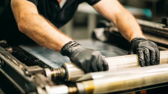 Closeup of a technician carefully cleaning a ceramic anilox roller to maintain precise ink distribution for highquality printing results.