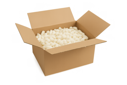 Cardboard shipping box with protective packing peanuts, open for delivery, moving, or storage, transparent background