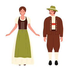Man and woman wearing traditional Austrian folk costumes on a white isolated background vector illustration