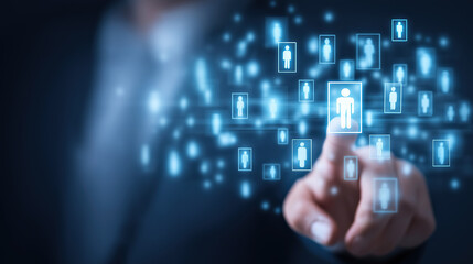 Human Resource Management Technology HR Manager Reviewing Digital CV Network Structure Online Recruitment System Selecting Perfect Employee Candidate for Company