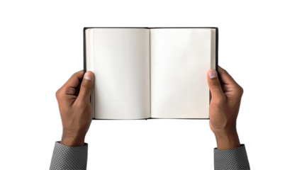 Hands holding an open blank book perfect for mockups isolated on white background