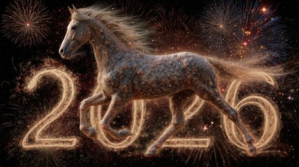 Fototapeta na wymiar Horse galloping with fireworks and sparkling 2026 new year celebrations