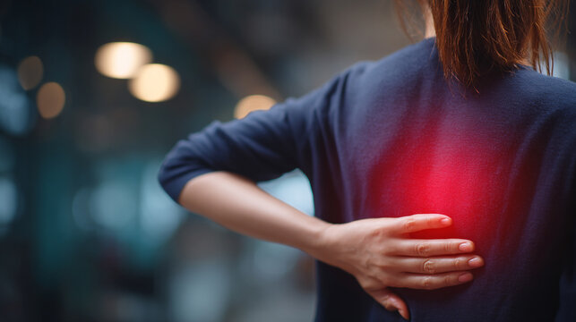 Woman placing her hand on her lower back, showing a red inflamed area symbolizing back pain and strain from overwork, capturing discomfort, tension, and physical fatigue.