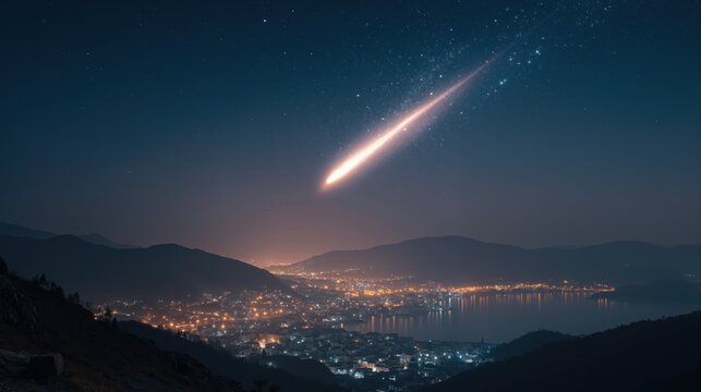 Meteor shower over mountain town at night with sparkling sky and glowing city lights
