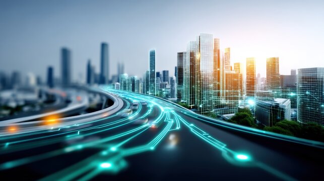 Futuristic transportation network urban cityscape digital innovation modern environment aerial view smart city development