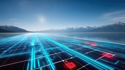 Futuristic digital landscape mountain region 3d visualization clear sky aerial view technology innovation