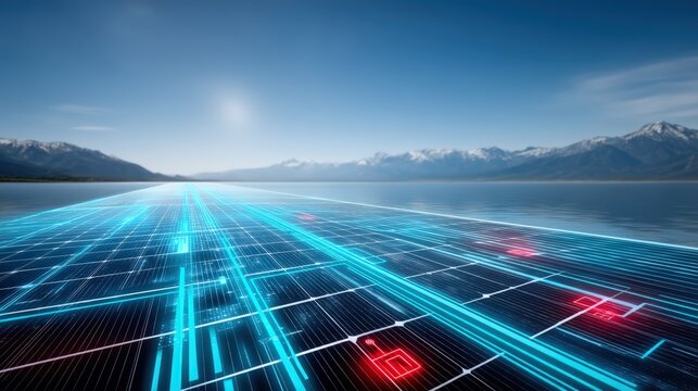 Futuristic digital landscape mountain region 3d visualization clear sky aerial view technology innovation