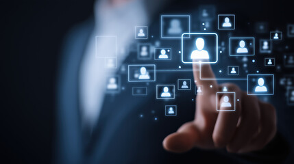 Human Resource Management Technology HR Manager Reviewing Digital CV Network Structure Online Recruitment System Selecting Perfect Employee Candidate for Company