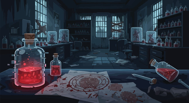 Unsettling laboratory scene displaying mysterious experiments and ominous atmosphere