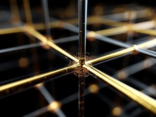 Golden and silver metallic lines intersect against a dark background, creating a futuristic and geometric network pattern, with glowing elements at connection points, resembling a digital grid