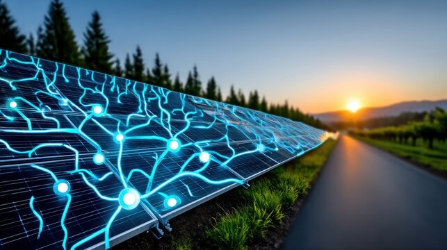 Innovative solar energy collection agricultural field photovoltaic technology sunset environment ground-level viewpoint renewable energy concept