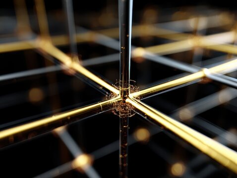 Golden and silver metallic lines intersect against a dark background, creating a futuristic and geometric network pattern, with glowing elements at connection points, resembling a digital grid