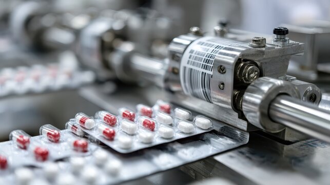 Packaging machine processes blister packs with red and white capsules. Blurred background emphasizes industrial elements. Barcode visible on metal cylinder in focus