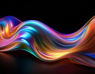 abstract fluid iridescent holographic curved wave in motion colorful gradient design on black background